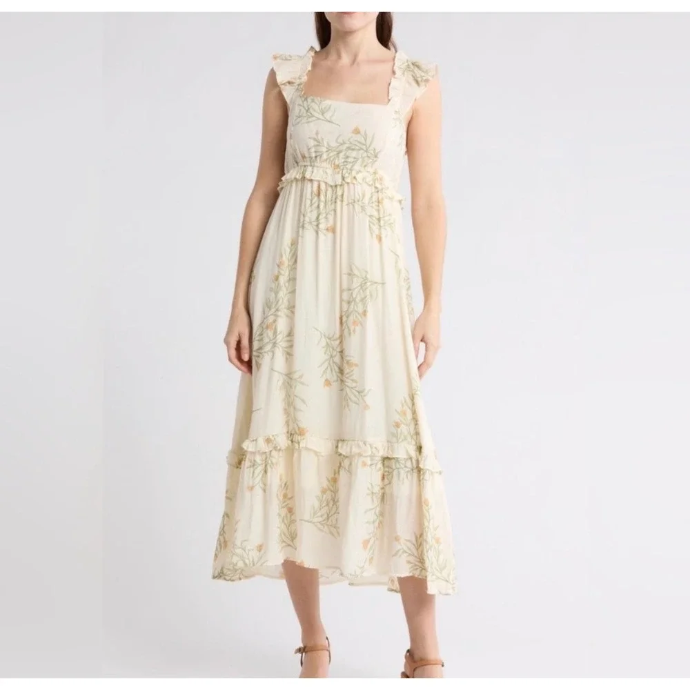 Blu Pepper Cream Floral Ruffle Flutter Sleeve Tiered Midi Dress Ivory Size L
